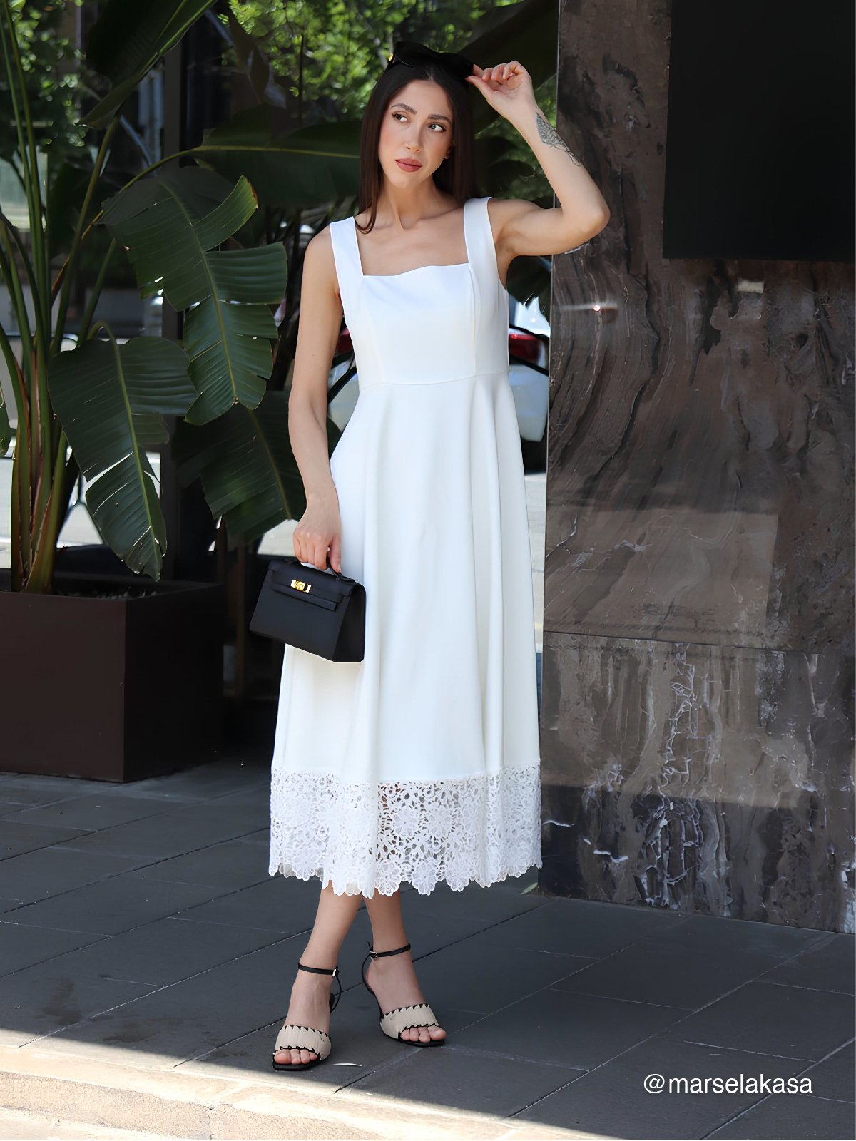 White Lace Classic Square Neck Sleeveless A-Line Maxi Dress