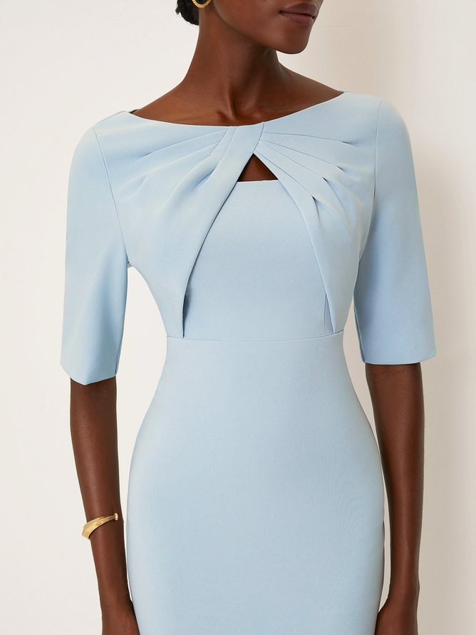 Light Blue Knot Classic Boat Neck Half Sleeve Sheath Midi Dress