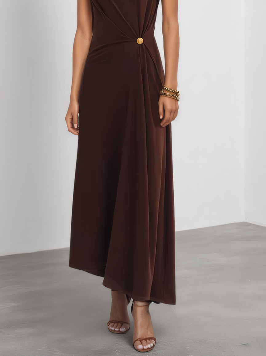 Brown Buckle Ruched Knit Asymmetrical Sleeveless A-Line Maxi Dress