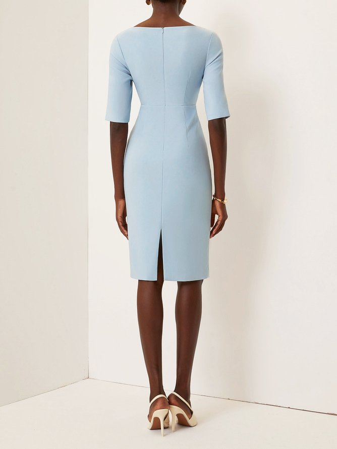 Light Blue Knot Classic Boat Neck Half Sleeve Sheath Midi Dress