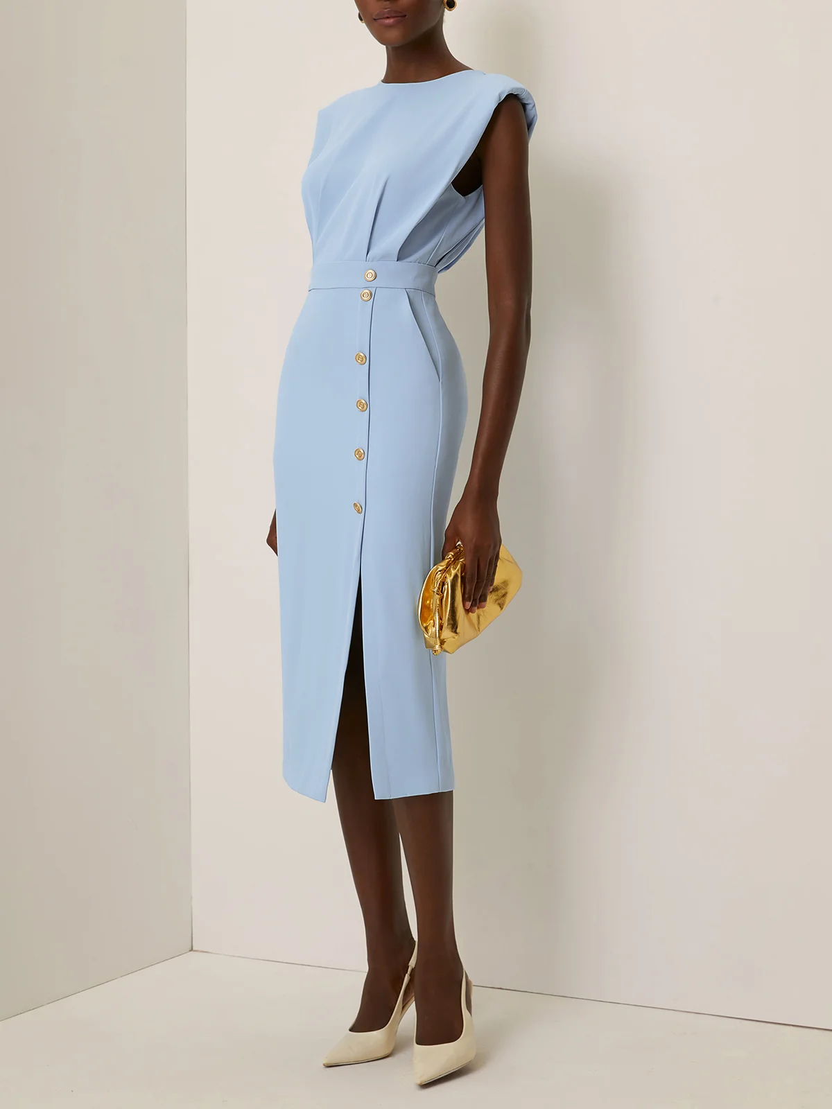 Light Blue Buckle Classic Crew Neck Sleeveless Sheath Midi Dress