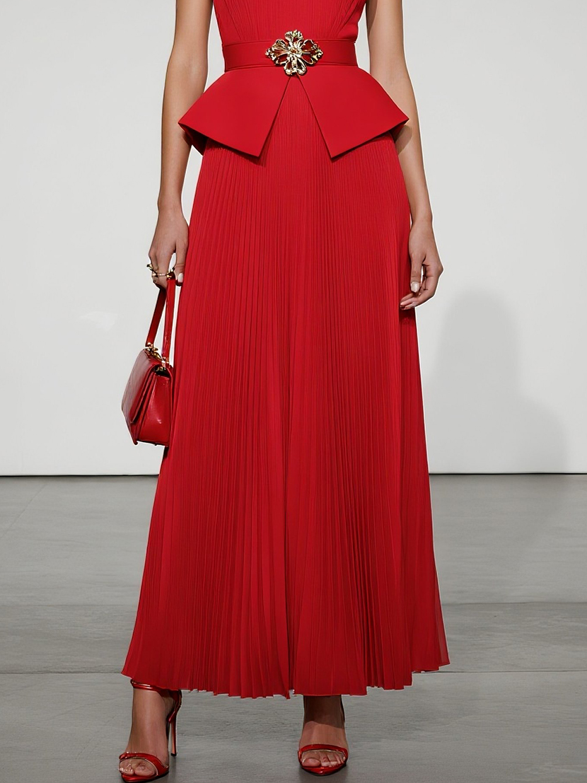 Red Pleated Peplum Chiffon Square Neck Sleeveless A-Line Maxi Dress