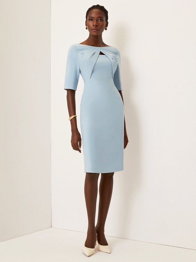 Light Blue Knot Classic Boat Neck Half Sleeve Sheath Midi Dress