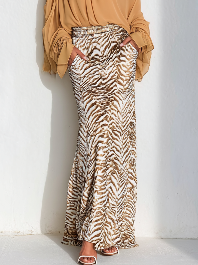 Women Camel Peplum Ruched Cold Shoulder Long Sleeve Dressy Top With Skirt Two-Piece Set