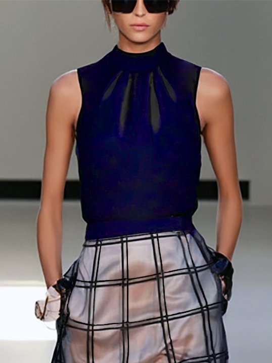 Black Mesh Plaid Classic Mock Neck Sleeveless A-Line Midi Dress