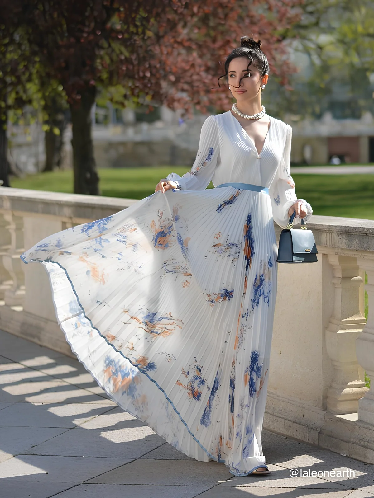 White Pleated Chiffon V Neck Floral Long Sleeve Balloon Sleeve A-Line Maxi Dress