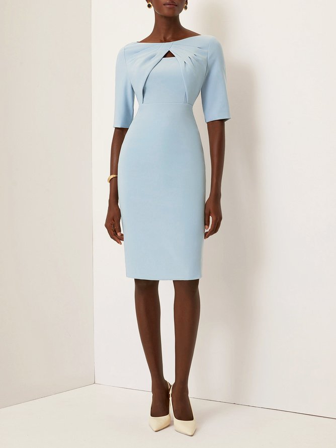 Light Blue Knot Classic Boat Neck Half Sleeve Sheath Midi Dress