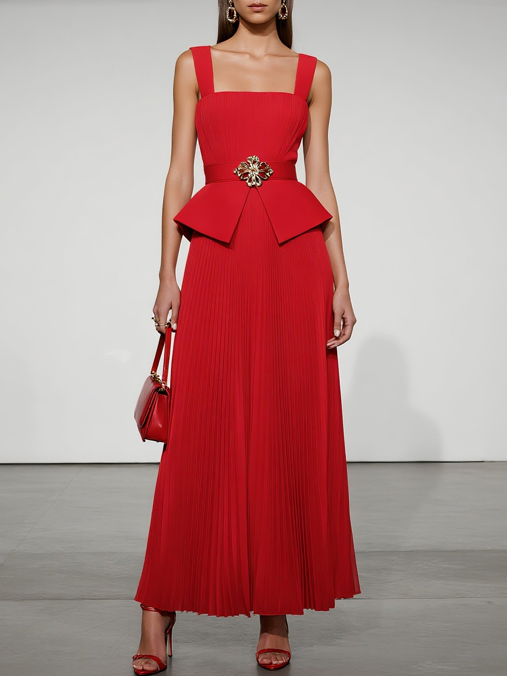 Red Pleated Peplum Chiffon Square Neck Sleeveless A-Line Maxi Dress