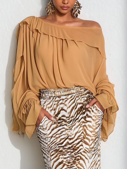 Women Camel Peplum Ruched Cold Shoulder Long Sleeve Dressy Top With Skirt Two-Piece Set