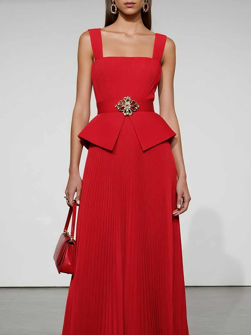 Red Pleated Peplum Chiffon Square Neck Sleeveless A-Line Maxi Dress