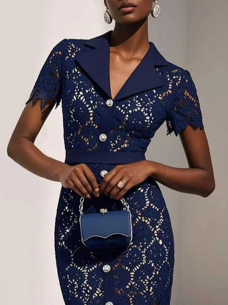 Royal Blue Buckle Lace Lapel Collar Short Sleeve Sheath Midi Dress
