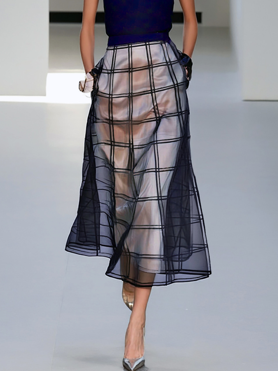 Black Mesh Plaid Classic Mock Neck Sleeveless A-Line Midi Dress