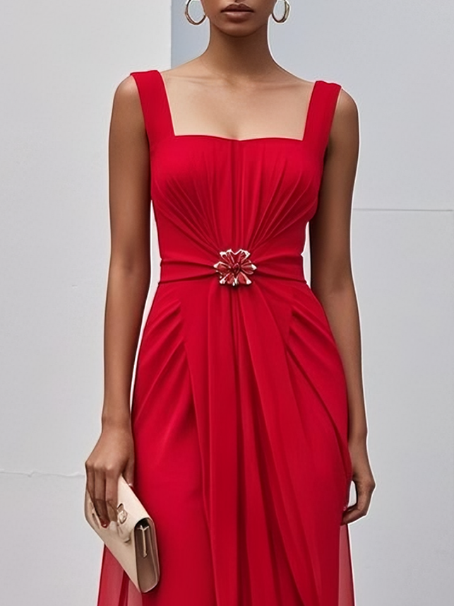 Red Buckle Ruched Chiffon Square Neck Sleeveless A-Line Maxi Dress