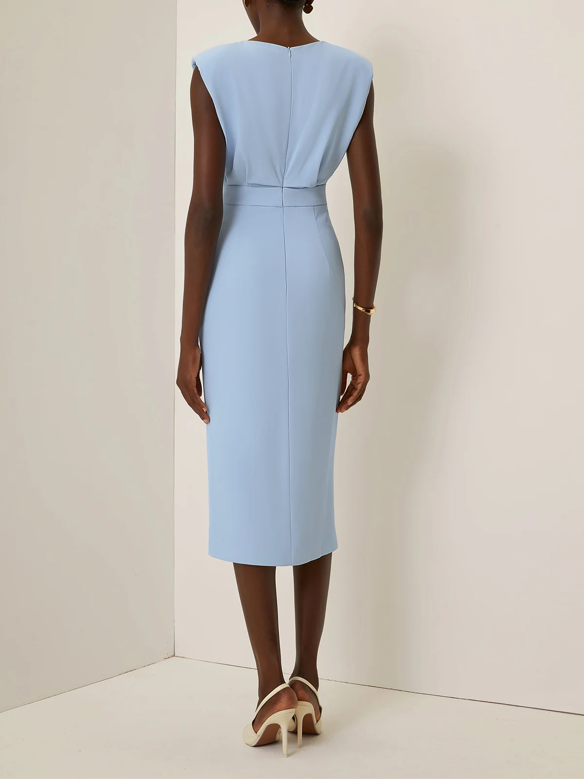 Light Blue Buckle Classic Crew Neck Sleeveless Sheath Midi Dress