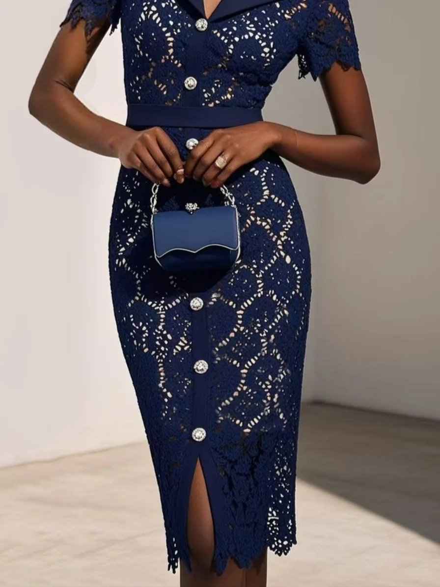 Royal Blue Buckle Lace Lapel Collar Short Sleeve Sheath Midi Dress