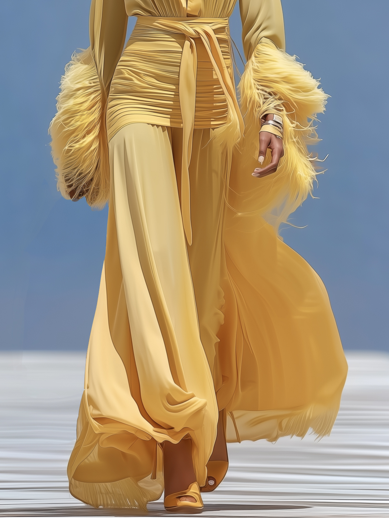 Yellow Ruched Tassel Chiffon V Neck Long Sleeve A-Line Maxi Dress