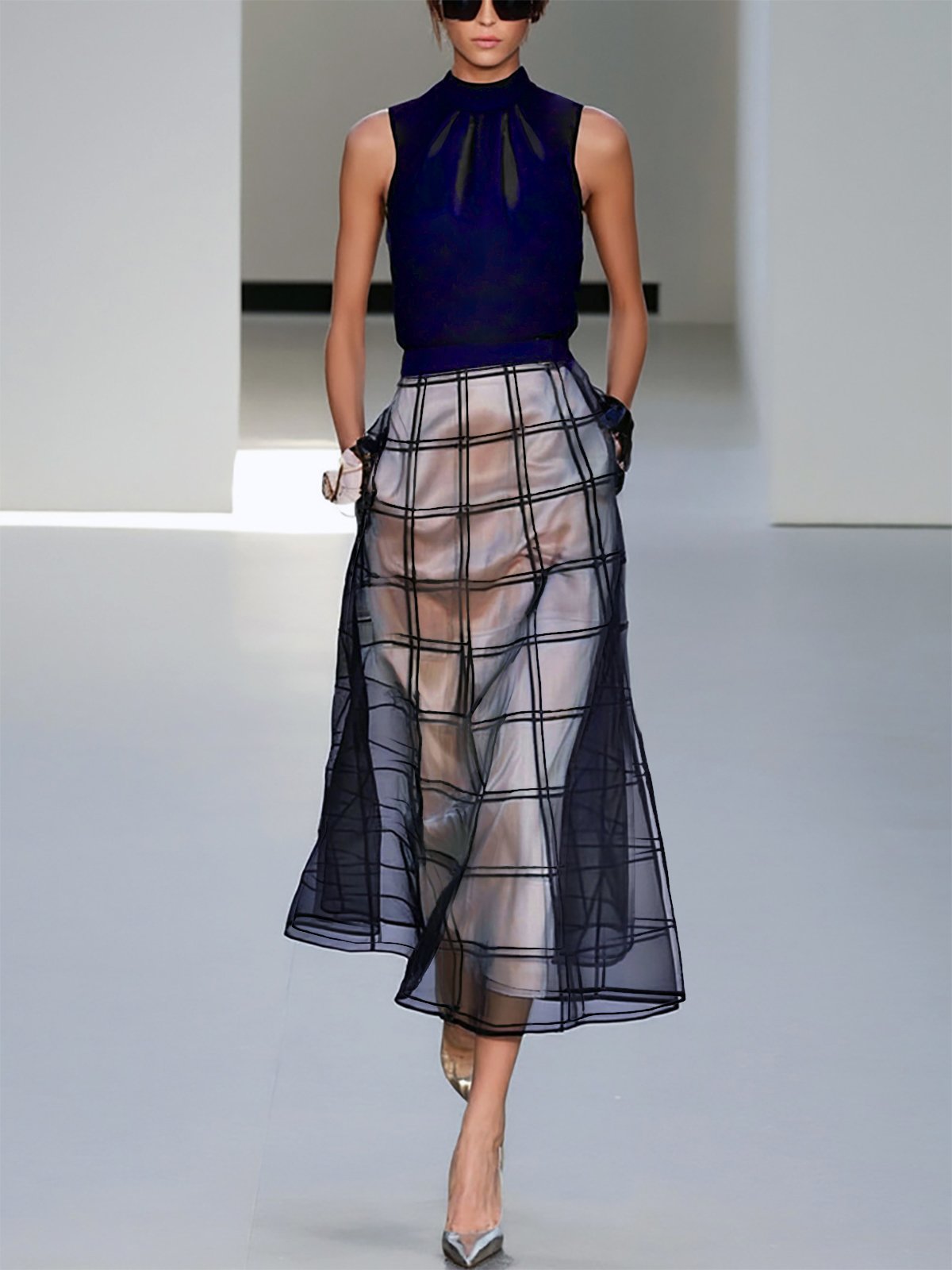 Black Mesh Plaid Classic Mock Neck Sleeveless A-Line Midi Dress
