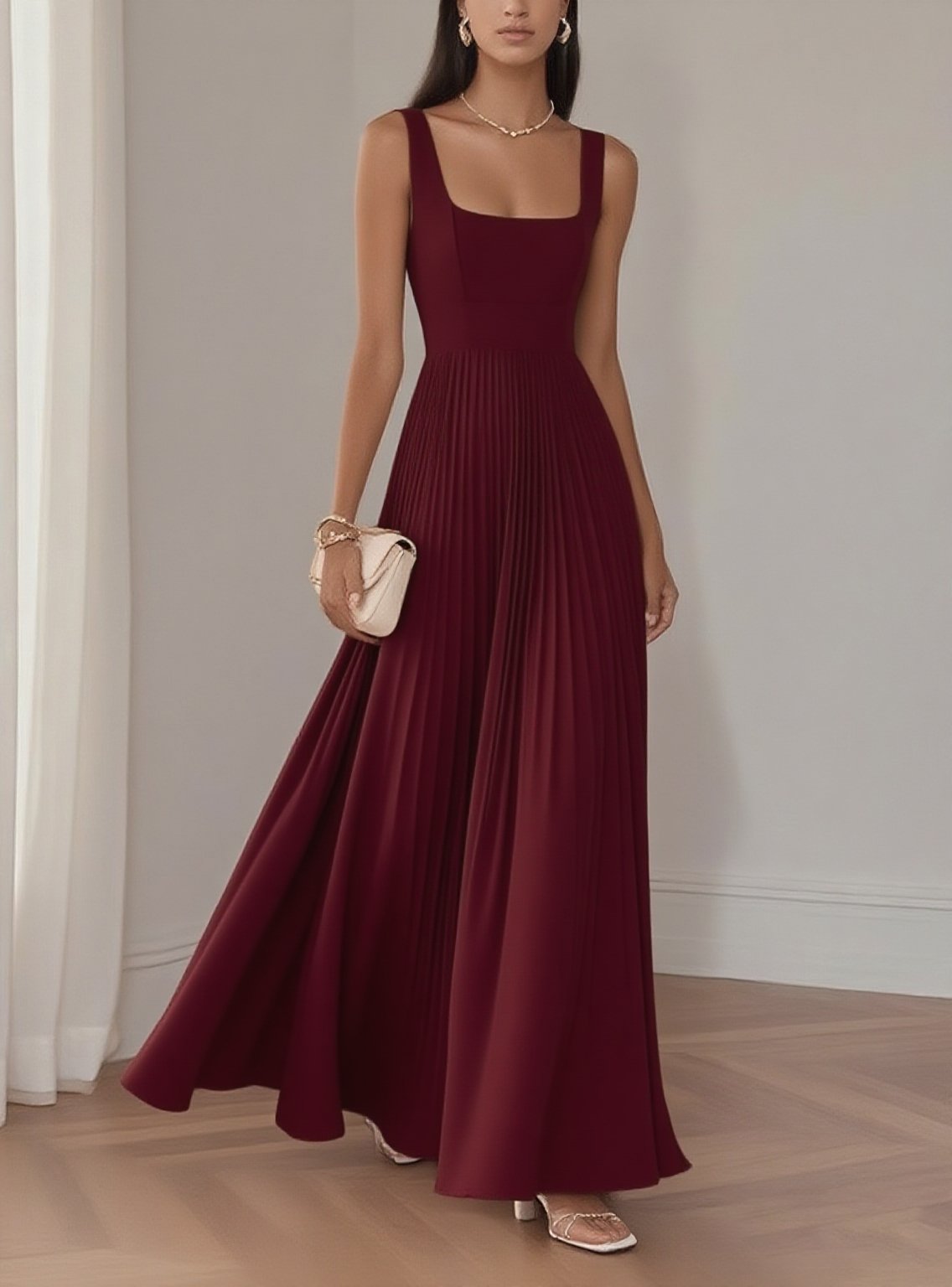 Light Blue Pleated  Square Neck Sleeveless A-Line Maxi Dress