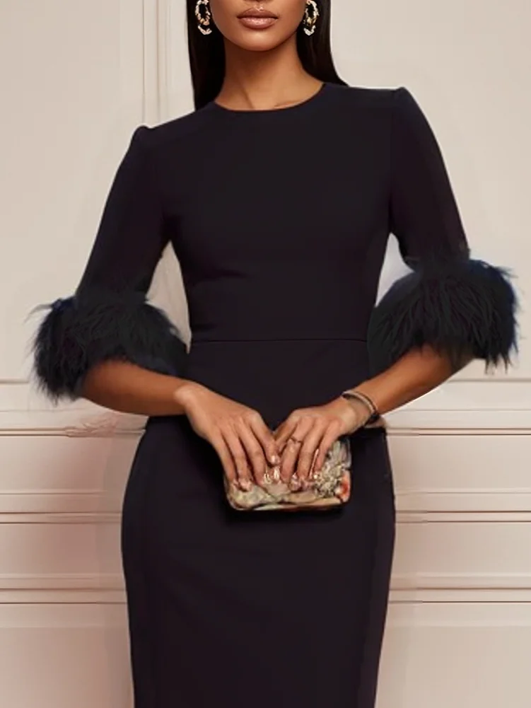 Rose Red Feather Classic Crew Neck Half Sleeve Sheath Midi Dress
