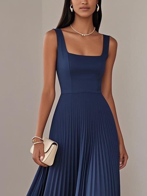 Light Blue Pleated Square Neck Sleeveless A-Line Maxi Dress