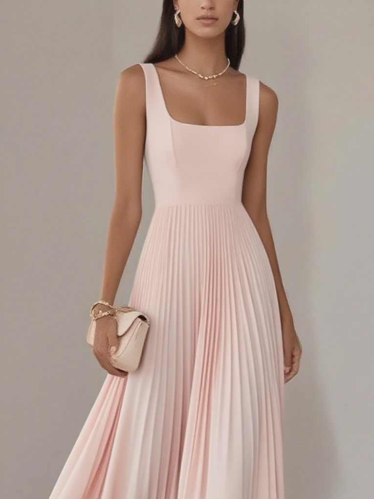 Light Blue Pleated  Square Neck Sleeveless A-Line Maxi Dress