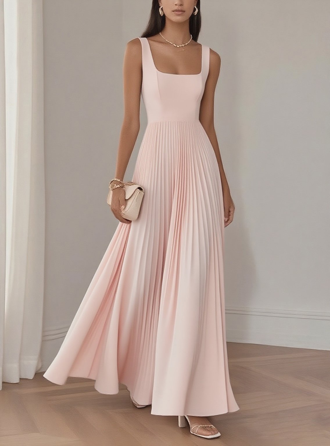 Light Blue Pleated  Square Neck Sleeveless A-Line Maxi Dress