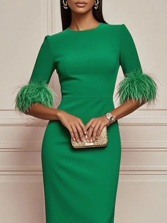 Rose Red Feather Classic Crew Neck Half Sleeve Sheath Midi Dress