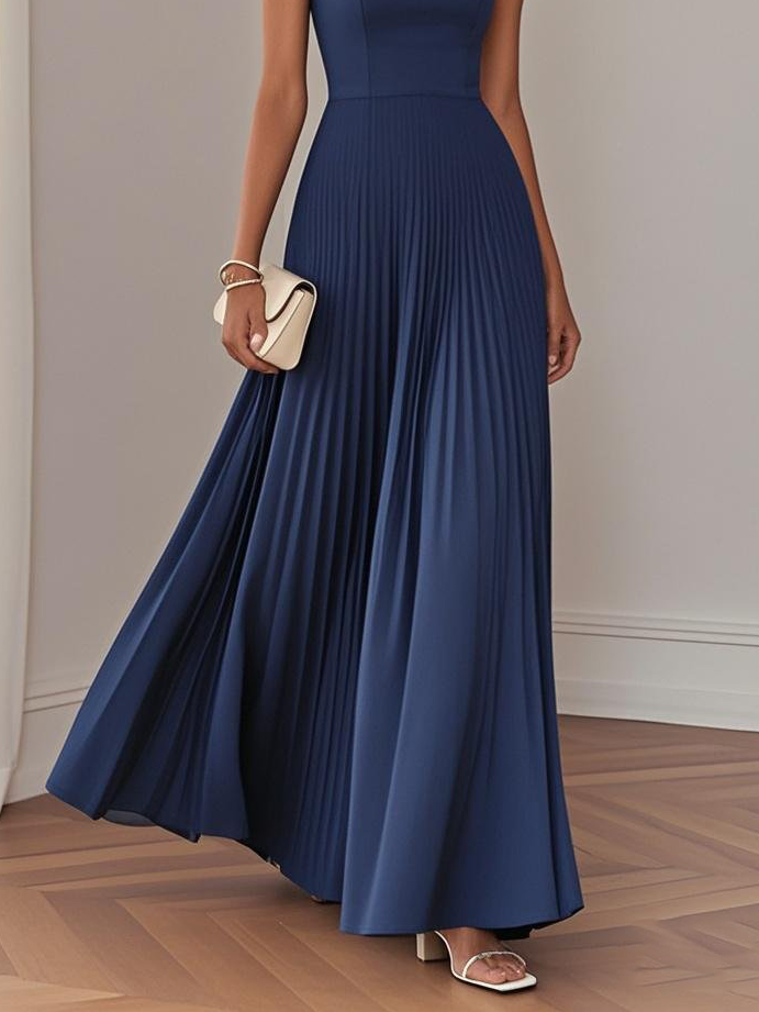 Light Blue Pleated Square Neck Sleeveless A-Line Maxi Dress