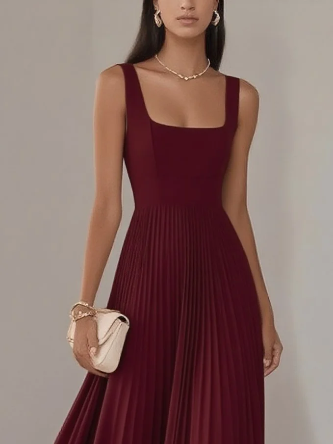 Light Blue Pleated  Square Neck Sleeveless A-Line Maxi Dress