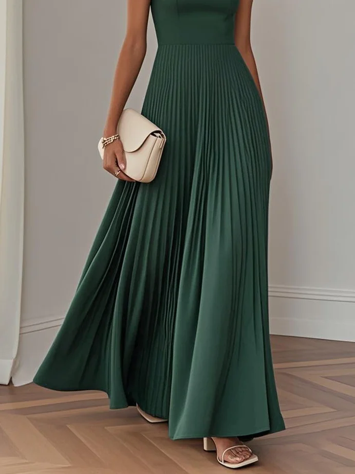 Light Blue Pleated Square Neck Sleeveless A-Line Maxi Dress