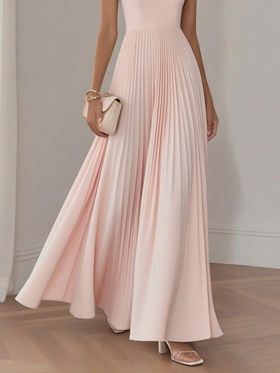 Light Blue Pleated  Square Neck Sleeveless A-Line Maxi Dress