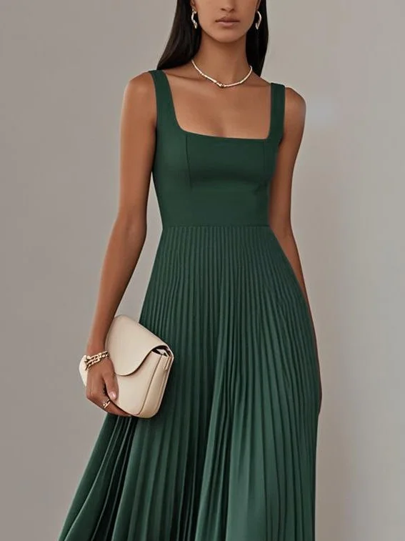 Light Blue Pleated Square Neck Sleeveless A-Line Maxi Dress