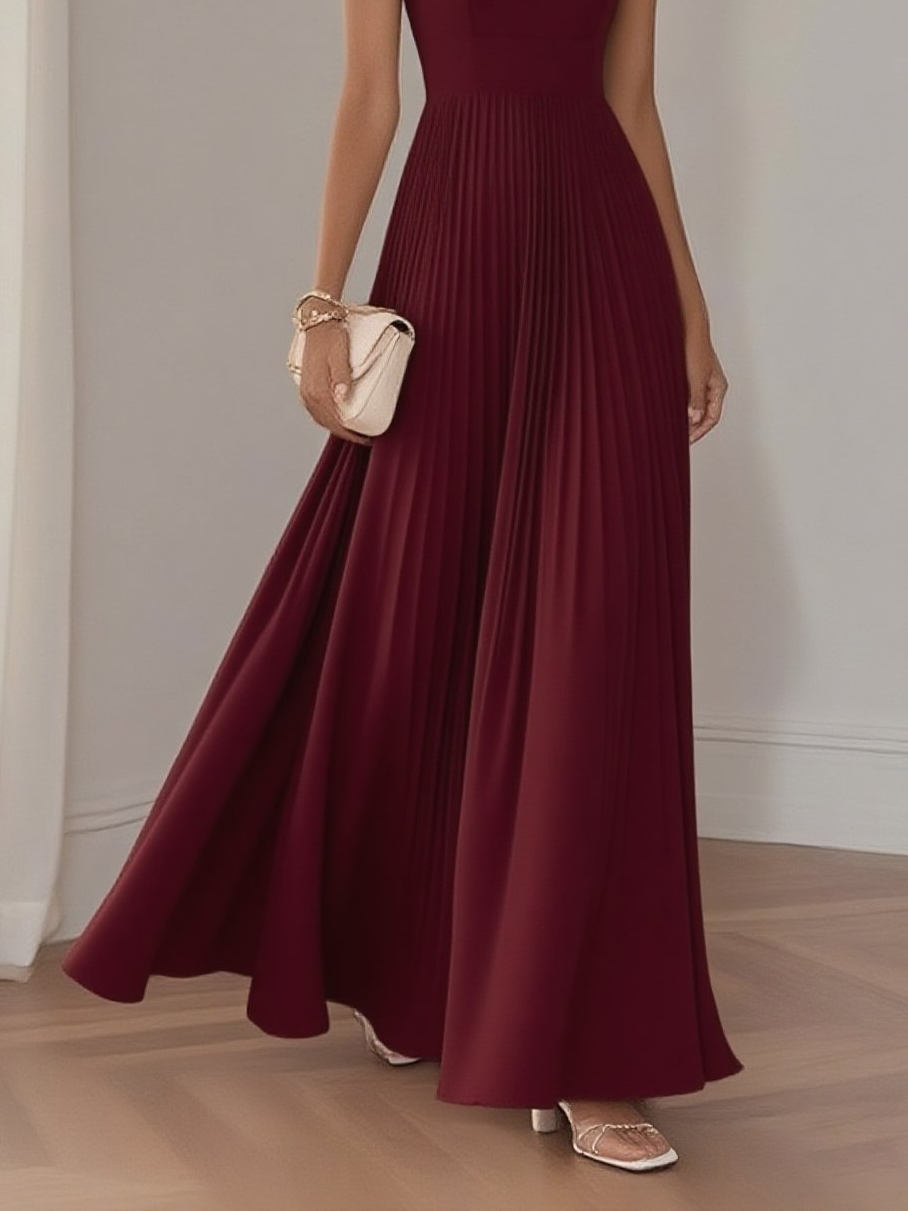 Light Blue Pleated  Square Neck Sleeveless A-Line Maxi Dress
