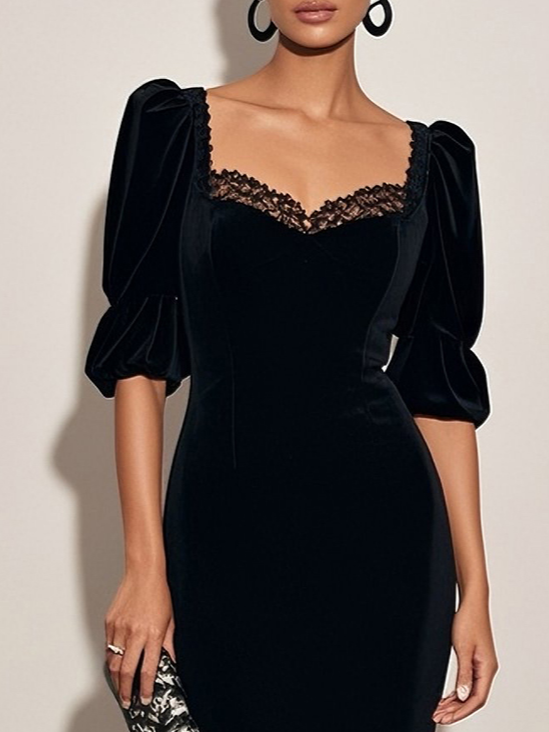 Black Lace Velvet Sweetheart Neckline Half Sleeve Puff Sleeve Mermaid Midi Dress