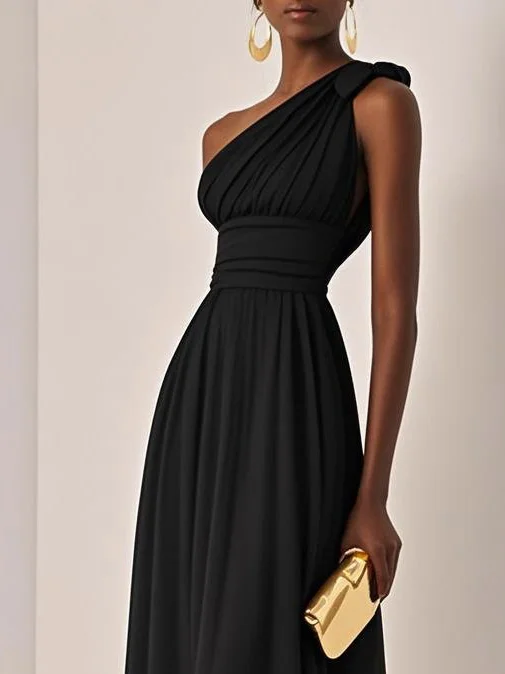 Light Blue Ruched Chiffon One Shoulder Sleeveless A-Line Maxi Dress