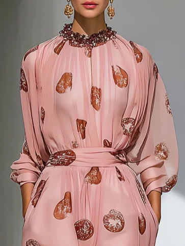 Pink Beaded Ruched Chiffon Crew Neck Long Sleeve A-Line Maxi Dress