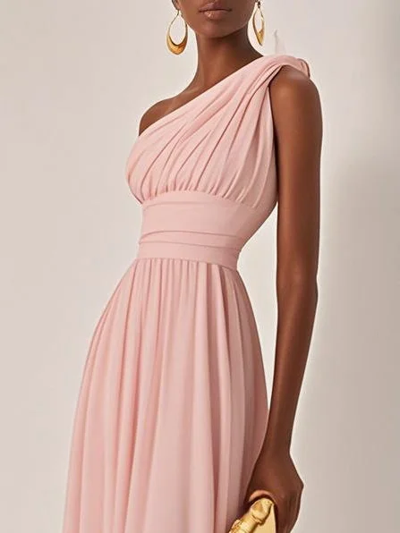 Light Blue Ruched Chiffon One Shoulder Sleeveless A-Line Maxi Dress