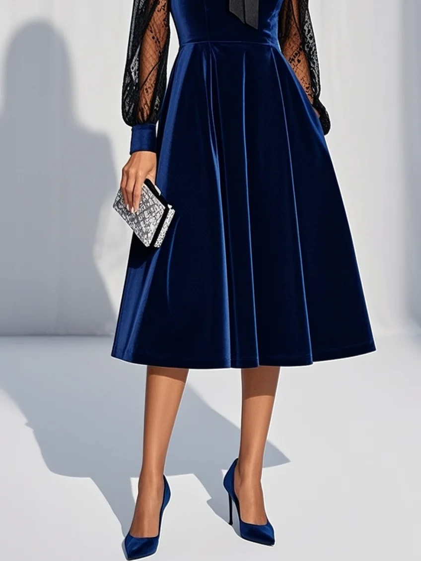 Blue Lace Bow Velvet Crew Neck Long Sleeve Balloon Sleeve A-Line Midi Dress