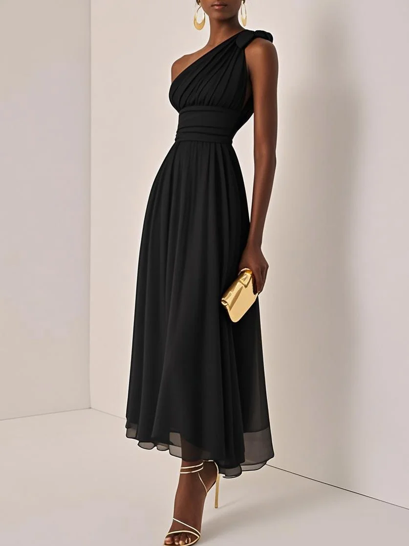 Light Blue Ruched Chiffon One Shoulder Sleeveless A-Line Maxi Dress