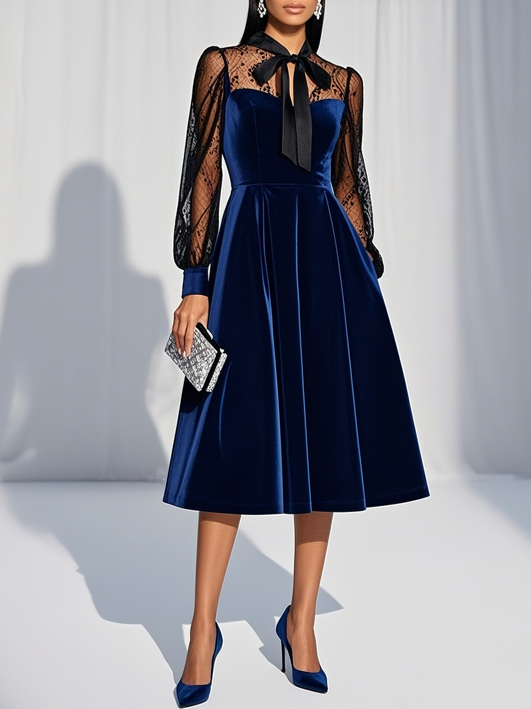 Blue Lace Bow Velvet Crew Neck Long Sleeve Balloon Sleeve A-Line Midi Dress