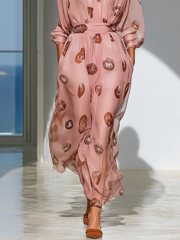 Pink Beaded Ruched Chiffon Crew Neck Long Sleeve A-Line Maxi Dress