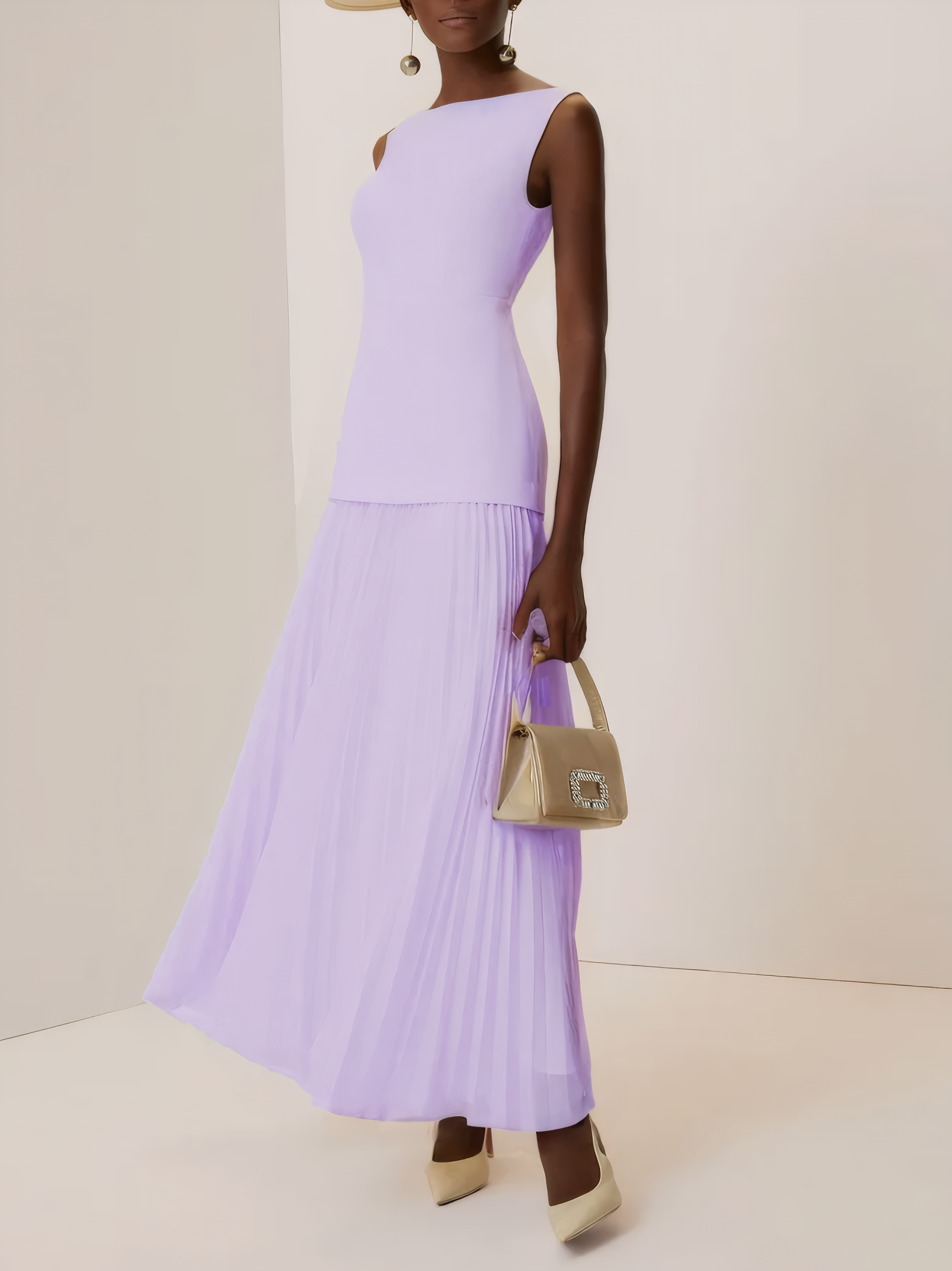 Off White Pleated Classic Boat Neck Sleeveless A-Line Gown Dress