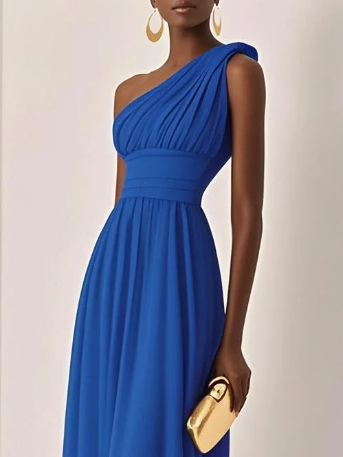 Light Blue Ruched Chiffon One Shoulder Sleeveless A-Line Maxi Dress