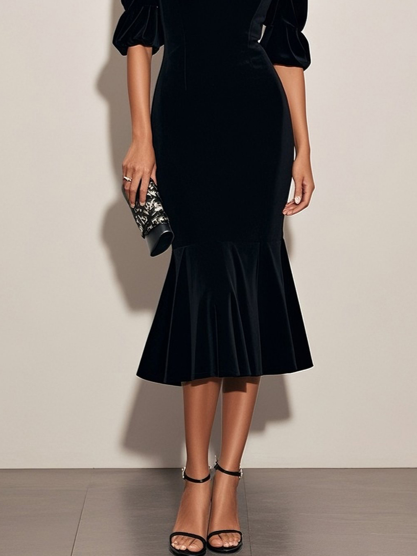 Black Lace Velvet Sweetheart Neckline Half Sleeve Puff Sleeve Mermaid Midi Dress