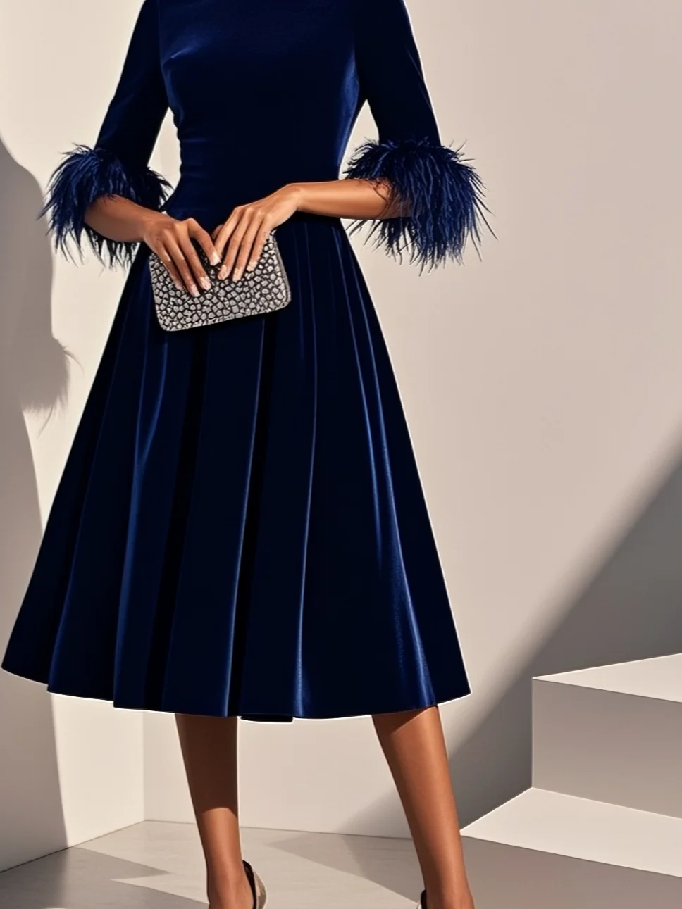 Purplish blue Feather-trimmed Velvet Crew Neck Half Sleeve A-Line Midi Dress