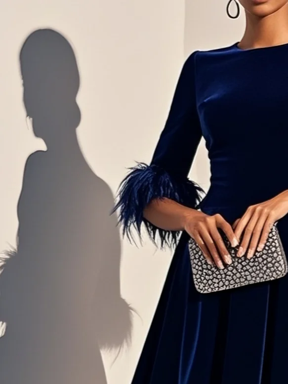Purplish blue Feather-trimmed Velvet Crew Neck Half Sleeve A-Line Midi Dress
