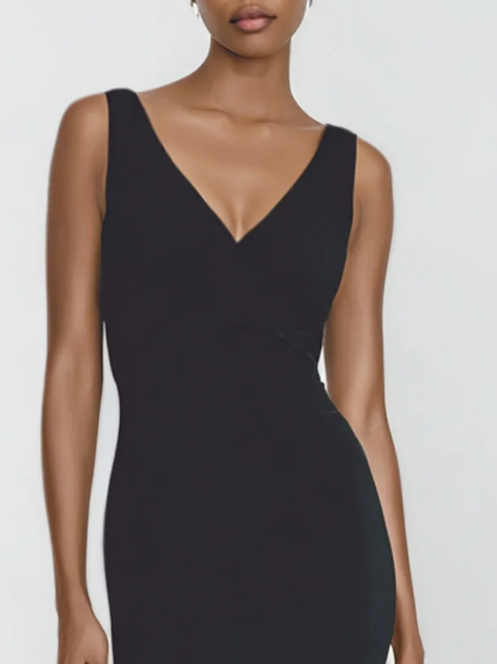 Black Split Joint Feather Classic V Neck Sleeveless Mermaid Midi Dress