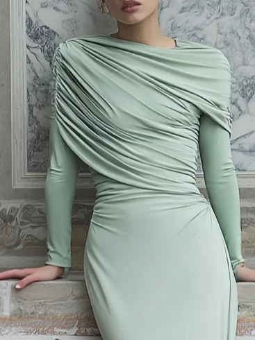 Green Ruched Knit Crew Neck Long Sleeve Sheath Midi Dress
