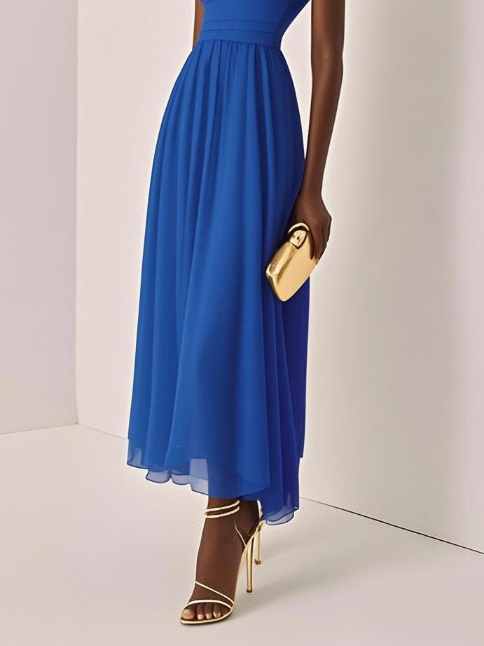 Light Blue Ruched Chiffon One Shoulder Sleeveless A-Line Maxi Dress