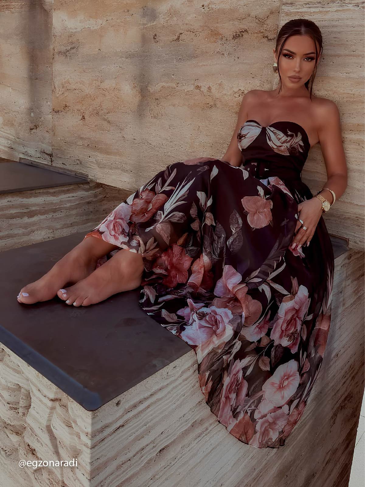 Black Floral Chiffon Strapless Sleeveless A-Line Midi Dress